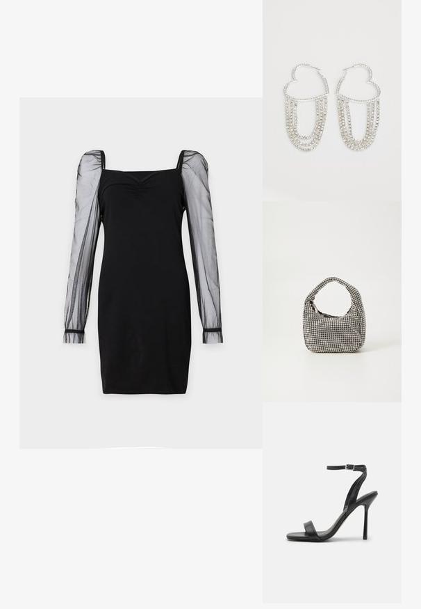Vestido negro con escote cuadrado, cuerpo ajustado y mangas largas abullonadas transparentes con puños. Textura suave con una silueta elegante.; Sandalia negra de tacón alto con una correa delgada en el tobillo y dos bandas en la parte frontal. Hecha de cuero suave con una punta afilada y tacón de aguja.; Bolso de mano negro con forma redondeada, cubierto de pequeños rhinestones plateados, con un asa corta y un cierre de cremallera en la parte superior.; Pendientes de aro plateados en forma de corazón, con hebras en cascada de strass transparentes que aportan un brillo y textura adicionales.