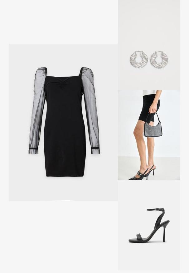 Robe noire avec un décolleté carré, un buste ajusté et des manches longues en organza transparent avec des poignets. Texture lisse avec une silhouette élégante.; Sandale à talons hauts noire avec une fine sangle au niveau de la cheville et deux bandes à l'avant. Fabriquée en cuir lisse avec un bout pointu élégant et un talon aiguille.; Sac à main à perles noires avec une silhouette courbée, une poignée de transport et une texture brillante. Porté avec des chaussures à talons hauts noires et un short noir ajusté.; Boucles d'oreilles en argent en forme de créoles ornées de multiples embellissements en cristal transparent, présentant une surface texturée et un design circulaire ouvert.