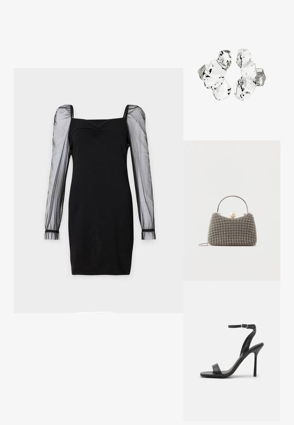 Schwarzes Kleid mit quadratischem Ausschnitt, tailliertem Oberteil und durchsichtigen langen Puffärmeln mit Bündchen. Glatte Textur mit schicker Silhouette.; Schwarze High-Heels-Sandalen mit schlankem Knöchelriemen und zwei vorderen Riemen. Aus glattem Leder gefertigt, mit einer eleganten spitzen Zehenform und einem Stiletto-Absatz.; Kleine Handtasche mit silbernem Gittermuster, gebogenem Griff, großem Perlenverschluss und einem dünnen silbernen Kettenriemen auf schlichtem Hintergrund.; Cluster von sechs unregelmäßig geformten, transluzenten und reflektierenden glasähnlichen Stücken, angeordnet auf weißem Hintergrund.