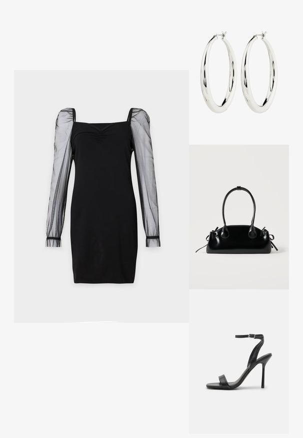 Schwarzes Kleid mit quadratischem Ausschnitt, tailliertem Oberteil und durchsichtigen langen Puffärmeln mit Bündchen. Glatte Textur mit schicker Silhouette.; Schwarze High-Heels-Sandalen mit schlankem Knöchelriemen und zwei vorderen Riemen. Aus glattem Leder gefertigt, mit einer eleganten spitzen Zehenform und einem Stiletto-Absatz.; Kleine schwarze glänzende Handtasche mit zwei langen Griffen und seitlichen Kordelzug-Details vor einfachem hellem Hintergrund.; Silberne Creolen mit einer glatten, reflektierenden Oberfläche. Runde, große Form mit einem sicheren Verschluss an der Oberseite. Polierte Oberfläche betont den Glanz.