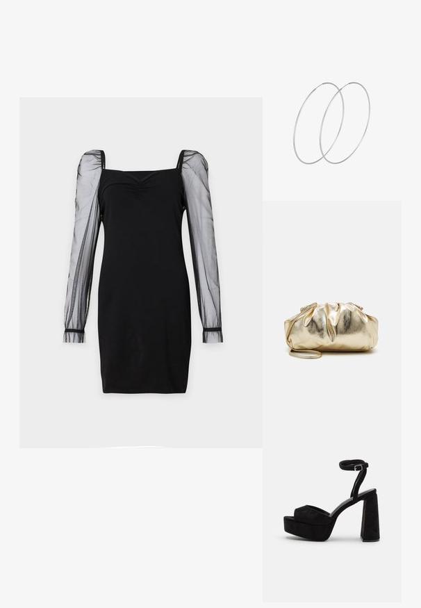 Schwarzes Kleid mit quadratischem Ausschnitt, tailliertem Oberteil und durchsichtigen langen Puffärmeln mit Bündchen. Glatte Textur mit schicker Silhouette.; Schwarze Plateausandalen mit Wildlederstruktur, breitem Vorderriemen, Knöchelriemen mit Schnalle und klobigem Blockabsatz. Schlankes und modernes Design.; Goldfarbene metallische Clutch-Tasche mit einer gekräuselten Textur, weicher runder Form und einem abnehmbaren Kettenriemen. Verfügt über ein gerafftes Design an der Oberseite.; Silberne Creolen mit minimalistischem Design. Rundform, glatte Oberfläche und dünnes Profil. Leichtgewichtig mit hochglänzender Oberfläche.