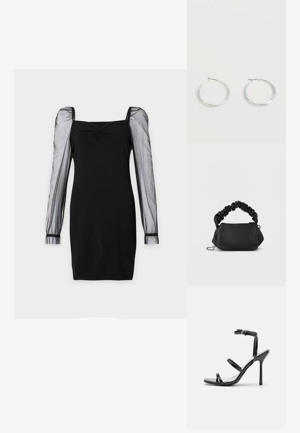 Robe noire avec un décolleté carré, un buste ajusté et des manches longues en organza transparent avec des poignets. Texture lisse avec une silhouette élégante.; Sandales à talons hauts en cuir verni noir avec trois sangles horizontales et une sangle de cheville ajustable. Silhouette élégante et finition brillante.; Sac à main noir de forme arrondie, fabriqué en matériau lisse. Doté d'une poignée douce et froncée ainsi que d'une bandoulière en chaîne métallique pour plus de polyvalence.; Boucles d’oreilles créoles en métal argenté avec une surface lisse légèrement incurvée et des fermoirs à clapet sur un fond blanc uni.