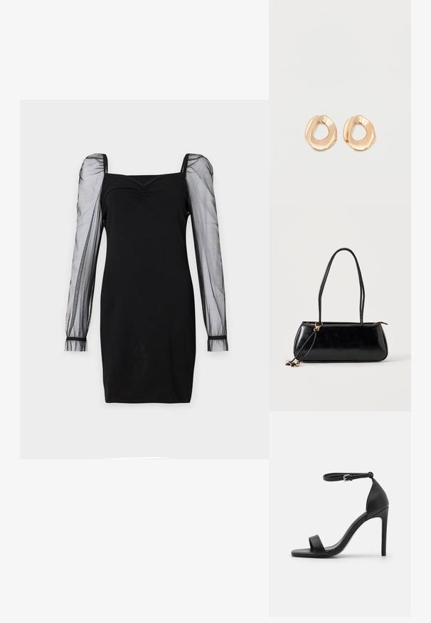 Zwart jurkje met een vierkante halslijn, fitted lijfje en doorzichtige lange pofmouwen met manchetten. Glossy textuur met een slanke silhouet.; Zwarte sandalen met hoge hakken, met een slank ontwerp, voorzien van een enkelbandje, open teen en een gladde leren textuur.; Zwarte rechthoekige handtas met twee lange bandjes, gouden ringdetail en ritssluiting op een effen lichte achtergrond.; Set van onregelmatig gevormde, gepolijste hoepel oorbellen van goudkleurig metaal met een open midden op een effen witte achtergrond.