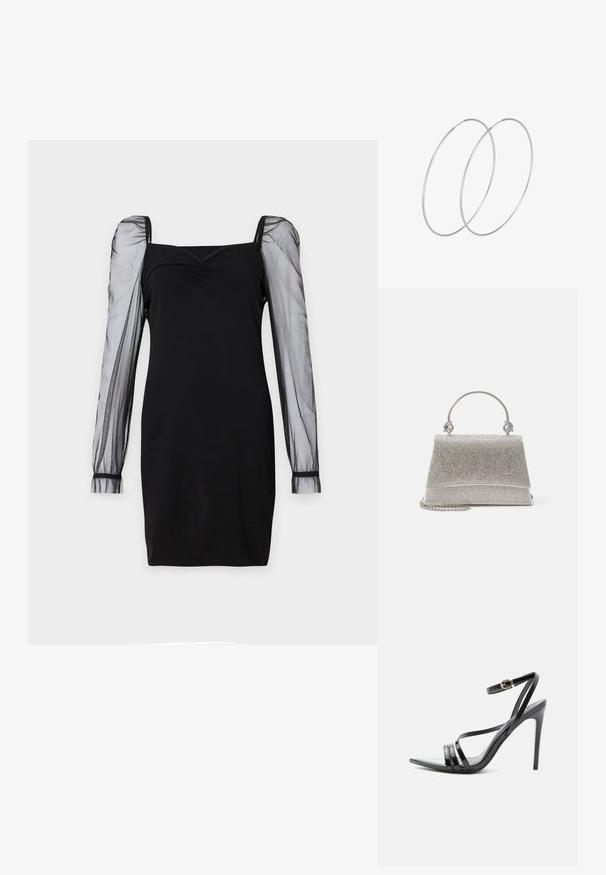 Vestido negro con escote cuadrado, cuerpo ajustado y mangas largas abullonadas transparentes con puños. Textura suave con una silueta elegante.; Sandalia negra de tacón alto con finas tiras sobre los dedos y el tobillo, con una hebilla dorada en un tacón stiletto delgado.; ALDO FELISIA - Bolso de mano - silver-coloured; Pendientes de aro plateados con un diseño minimalista. Forma circular, textura suave y perfil delgado. Livianos con un acabado pulido.