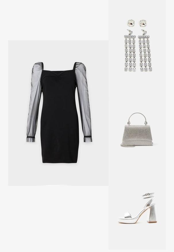 Schwarzes Kleid mit quadratischem Ausschnitt, tailliertem Oberteil und durchsichtigen langen Puffärmeln mit Bündchen. Glatte Textur mit schicker Silhouette.; Silberne metallic High-Heel-Sandale mit Knöchelriemen, Blockabsatz und offenem Zehenbereich auf einfachem hellem Hintergrund.; ALDO FELISIA - Handtasche - silver-coloured; Kristall-Ohrringe mit silberfarbener Hardware, die einen quadratischen Stecker und kaskadierende Reihen von rechteckigen und achteckigen Kristallen aufweisen.