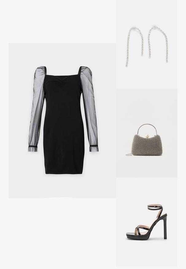 Schwarzes Kleid mit quadratischem Ausschnitt, tailliertem Oberteil und durchsichtigen langen Puffärmeln mit Bündchen. Glatte Textur mit schicker Silhouette.; RAID DIMONA - High Heel Sandalette - black; Kleine Handtasche mit silbernem Gittermuster, gebogenem Griff, großem Perlenverschluss und einem dünnen silbernen Kettenriemen auf schlichtem Hintergrund.; Silberohrringe mit herabhängenden Ketten, die mehrere klare Edelsteine in einem linearen Muster angeordnet haben und einen schimmernden Effekt bieten.