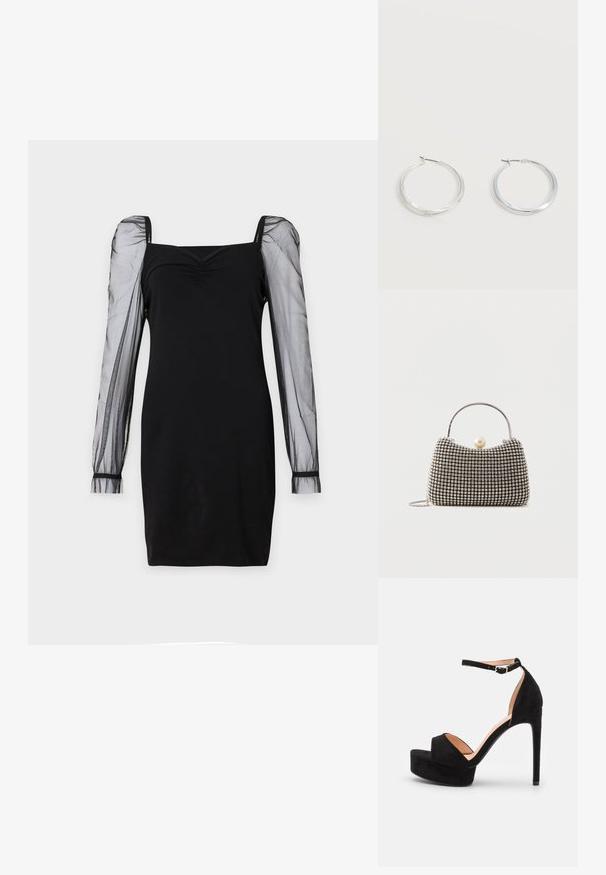 Vestido negro con escote cuadrado, cuerpo ajustado y mangas largas abullonadas transparentes con puños. Textura suave con una silueta elegante.; Sandalia de tacón alto de ante negro con suela de plataforma, tira en el tobillo con herrajes plateados, diseño de punta abierta y textura suave.; Pequeño bolso de mano con patrón de cuadrícula plateada, asa curva, gran cierre de perla y una delgada correa de cadena plateada sobre un fondo liso.; Pendientes de aro de metal plateado con superficie lisa y ligeramente curvada y cierre de tipo mosquetón sobre un fondo blanco liso.