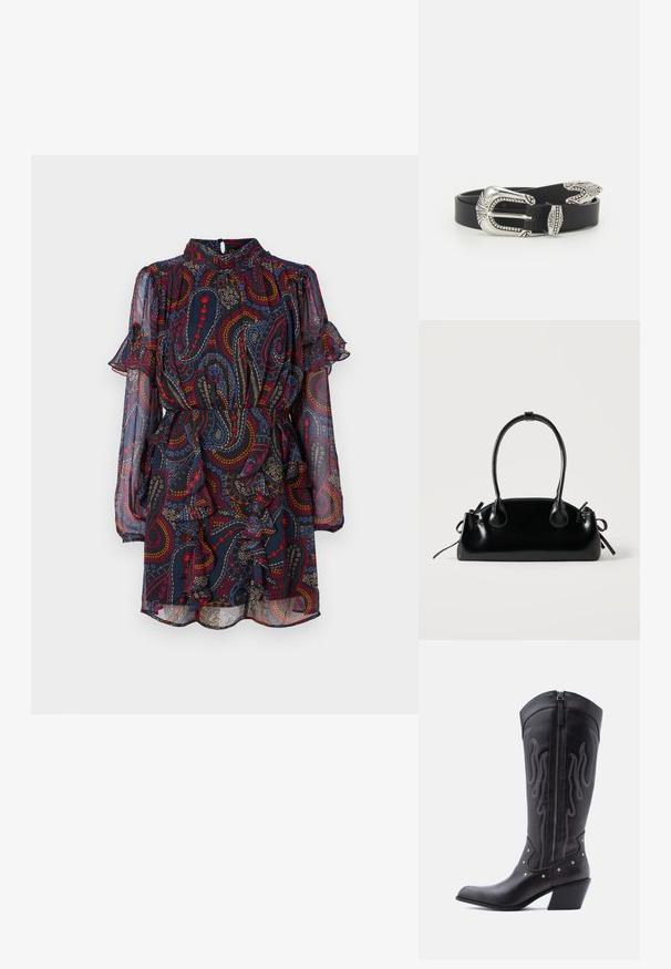 Kurzärmliges, marineblaues Kleid mit Paisley-Muster in Rot, Gelb und Blau; verfügt über Rüschen am Saum und an den Ärmeln sowie einen hohen Ausschnitt.; Schwarze Cowboy-Stiefel aus Leder mit spitzer Zehenpartie, sichtbarer Nahtführung, silbernen Nietenakzenten und Reißverschluss auf der Innenseite.; Kleine schwarze glänzende Handtasche mit zwei langen Griffen und seitlichen Kordelzug-Details vor einfachem hellem Hintergrund.; Schwarzer Ledergürtel mit einer großen silbernen Metallschnalle, die über feine Verzierungen und dekorative Akzente an beiden Enden verfügt.