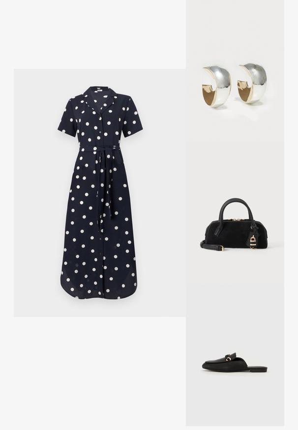Navyblaues Kleid mit kurzen Ärmeln, weißen Punkten, durchgehender Knopfleiste und gebundenem Gürtel in der Taille, aus einem glatten Stoff gefertigt. Langes und fließendes Design.; Schwarze Slippers aus glattem Leder. Mit runder Zehenpartie, einem dekorativen geflochtenen Riemen und einem kleinen goldenen Akzent. Flache Sohle.; Schwarze Lederhandtasche mit abgerundeten Griffen, goldenem Reißverschluss, abnehmbarem Schultergurt und einem hängenden goldenen Vorhängeschloss-Anhänger.; Uncommon Matters SCULPTED CREOLE - Ohrringe - silver-coloured/gold-coloured