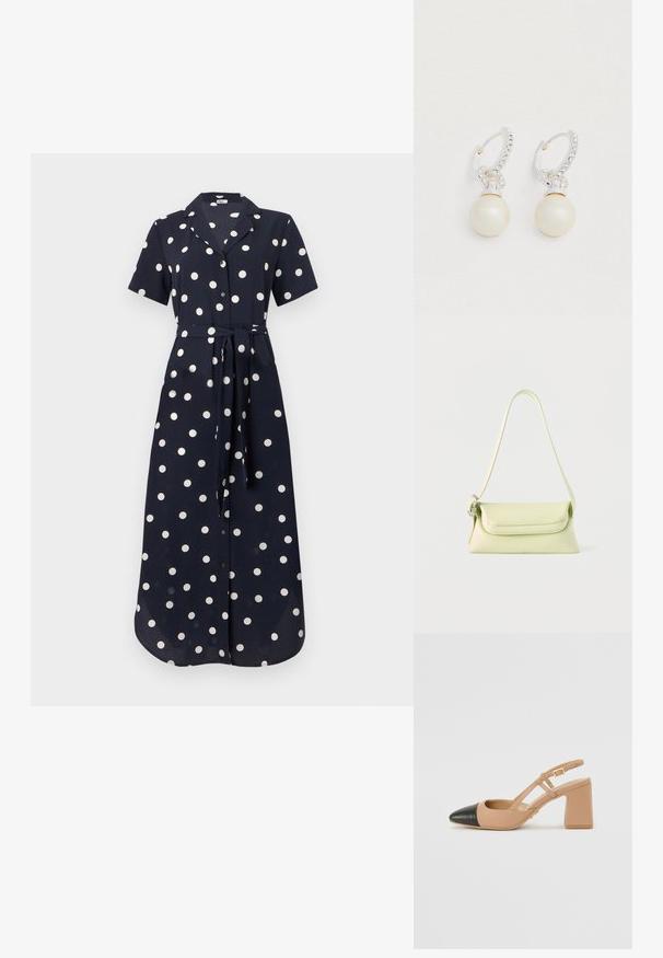Tumedane kleit lühikeste varrukatega, valgete polkadotidega, nööpidega ees ja siduv vöö puusal, valmistatud siledast kangast. Pikk ja voogav disain.; Bež slingback kingad musta kandiga, ruudukujulise kõrge kontsaga ja kahe rihmaga aktsiooniga, valmistatud siledast materjalist.; Hele rohelise nahast käekott ühe rihmaga ja sangaga, esitatud valge tausta ees.; Hõbedast rõngas-kõrvarõngad, millel on pärlalahendus ja rhinestone aktsendid, läikiva viimistluse ja ümarate kujunditega.