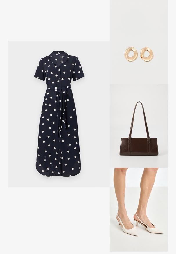 Tumedane kleit lühikeste varrukatega, valgete polkadotidega, nööpidega ees ja siduv vöö puusal, valmistatud siledast kangast. Pikk ja voogav disain.; Beesek patentnaha slingback kontsad 5 cm kontsaga, millel on terav nina ja lõigatud külgedega ning õhuke pahkluu rihm.; Pruun läikiv naha käekott, millel on ristkülikuline kuju, kaks pikka käepidet ja esipaneelil peened kõverad aktsendid.; Paari ebatavalise kujuga, poleeritud kuldse tooniga metallist rõngakujulisi kõrvarõngaid avatud keskel, tavalise valge taustaga.