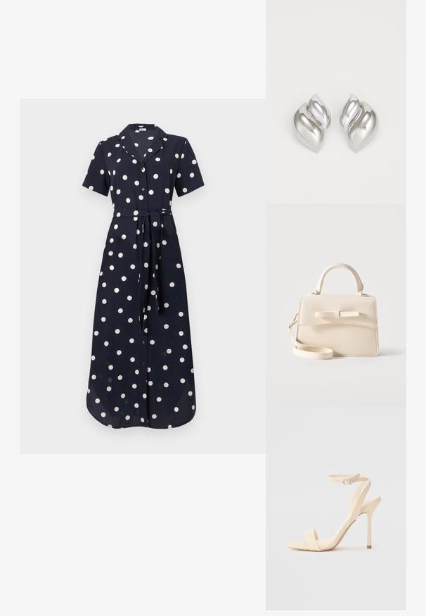Navyblaues Kleid mit kurzen Ärmeln, weißen Punkten, durchgehender Knopfleiste und gebundenem Gürtel in der Taille, aus einem glatten Stoff gefertigt. Langes und fließendes Design.; Beige High Heel Sandale mit einem schmalen Knöchelriemen und quadratförmiger Zehenpartie. Glattes synthetisches Material, minimalistisches Design und Pfennigabsatz.; Kleine beige Handtasche mit Tragegriff oben, abnehmbarem Riemen, vorderer Klappe und dekorativer horizontaler Schleife vor einfarbigem Hintergrund.; Silberne Ohrringe mit einer organischen, abstrakten Form. Glatte, glänzende Oberfläche mit einem konischen Design. Mit dezenten Kurven und einem zentralen Linienelement.