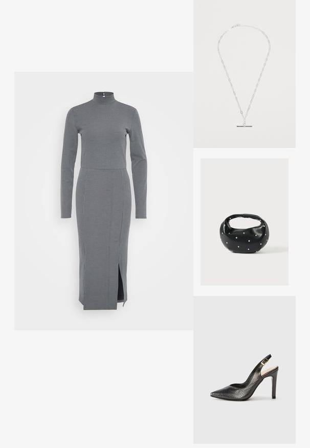 Grå ribbet kjole med høj hals og lange ærmer, der har en sideslids for nem bevægelse og en tætsiddende silhuet.; Sorte slingback høje hæle med spids tå, tekstureret slangeskindsmønster og en tynd hæl. Spændeaccent på remmen.; Sort læderhåndtaske med en rundet form, dekoreret med sølvnitter, og et kort håndtag. Glat tekstur og lynlåslukning.; Sølv halskæde med aflange kædelinks og en slank stangvedhæng, der har en glat overflade og poleret finish. Justerbar lås.