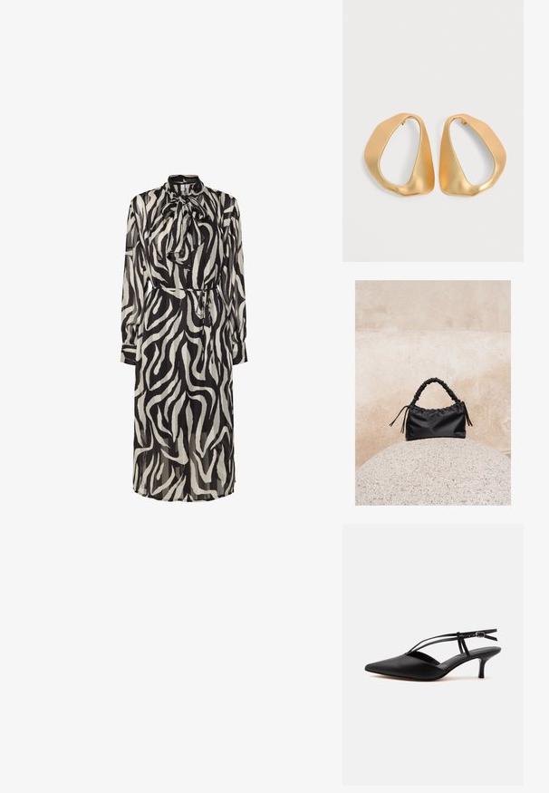 Langes, schwarz-weiß gestreiftes Zebra-Muster-Kleid mit hohem Kragen, Bindetail und tailliertem Schnitt. Transparenter Stoff und lange Ärmel.; Schwarzer Leder-Kitten-Heel mit spitzer Schuhspitze, dünnem Knöchelriemen und Schnalle, Slingback-Design, auf hellem einfarbigem Hintergrund.; Schwarze geraffte Handtasche mit einem gesammelten Griff, die auf einer strukturierten Steinkugel vor einem beigen Betonwand-Hintergrund liegt.; Paar unregelmäßiger, asymmetrischer goldener Creolen mit glatter, matter Oberfläche vor neutralem Hintergrund.