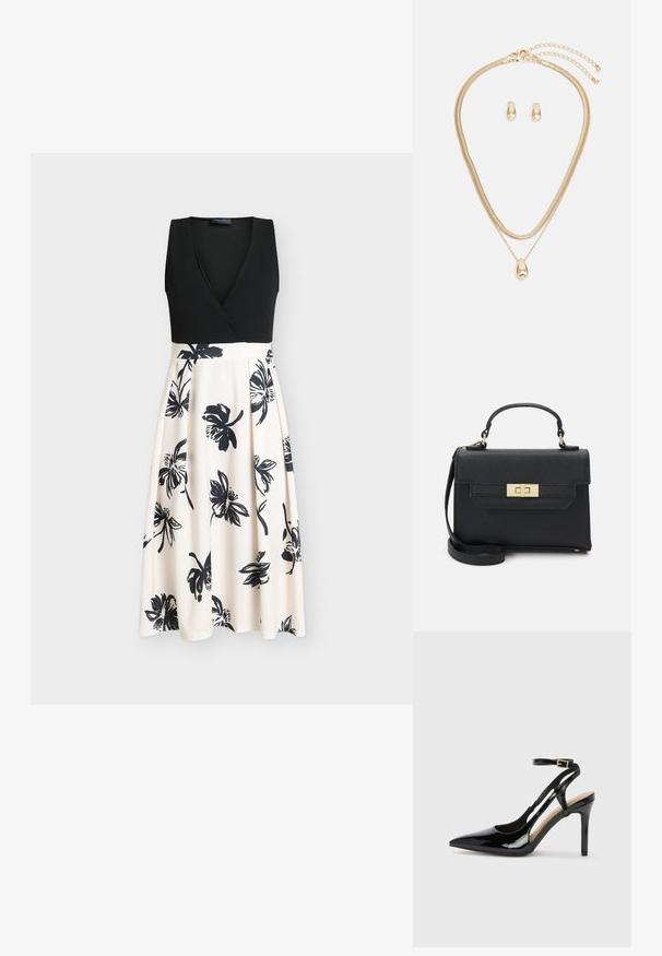 Vestido negro sin mangas con un top cruzado y una falda beige fluida con estampados florales negros. Tela suave con un corpiño ajustado.; Zapato de charol negro de tacón alto, tipo slingback, con punta afilada, correa ajustable en el tobillo y lados abiertos. Textura lisa.; Bolso de mano negro hecho de material texturizado con una forma estructurada, asa superior, correa de hombro desmontable y un detalle de cierre en tono dorado.; Conjunto de joyería de oro que incluye un collar de capas con un colgante en forma de gota y pendientes de botón a juego, todo con un acabado pulido.