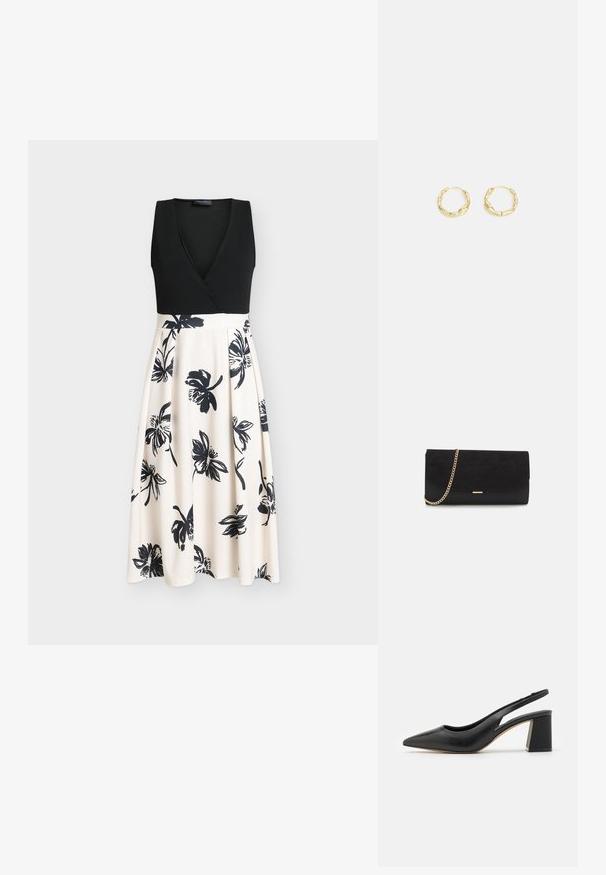 Schwarzes ärmelloses Kleid mit Wickeloberteil und einem fließenden beigen Rock mit schwarzen Blumenmustern. Glatter Stoff mit enganliegendem Oberteil.; Schwarze Leder-Slingback-Pumps mit spitzem Zehenbereich, einem Auschnitt-Design und einem klobigen Blockabsatz. Glatte Textur mit einem minimalistischen Ästhetik.; Schwarze Clutch aus Wildleder mit strukturierter Oberfläche, ausgestattet mit einem goldenen Kettenriemen und einem eleganten, kantigen Design.; Goldene Creolen mit einer strukturierten, unregelmäßigen Oberfläche. Sie verfügen über ein leichtes Design und eine runde Form, die sich für den täglichen Gebrauch eignet.