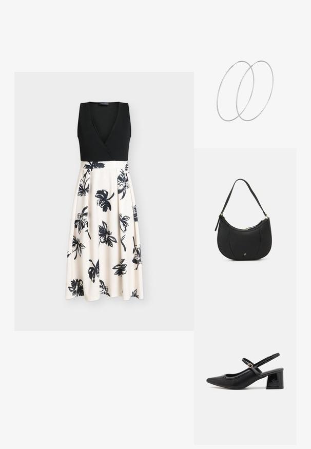 Schwarzes ärmelloses Kleid mit Wickeloberteil und einem fließenden beigen Rock mit schwarzen Blumenmustern. Glatter Stoff mit enganliegendem Oberteil.; Schwarze Lackleder-Slingback-Absätze mit spitzer Zehenform, einem runden Ausschnitt-Design und einem Blockabsatz. Mit einem goldfarbenen Schnallenakzent.; Schwarze Lederhandtasche mit geschwungenem Design, strukturiertem Material, vorderen Nähten und einem Logo in Goldtönen. Verfügt über einen einzelnen verstellbaren Tragegurt.; Silberne Creolen mit minimalistischem Design. Rundform, glatte Oberfläche und dünnes Profil. Leichtgewichtig mit hochglänzender Oberfläche.