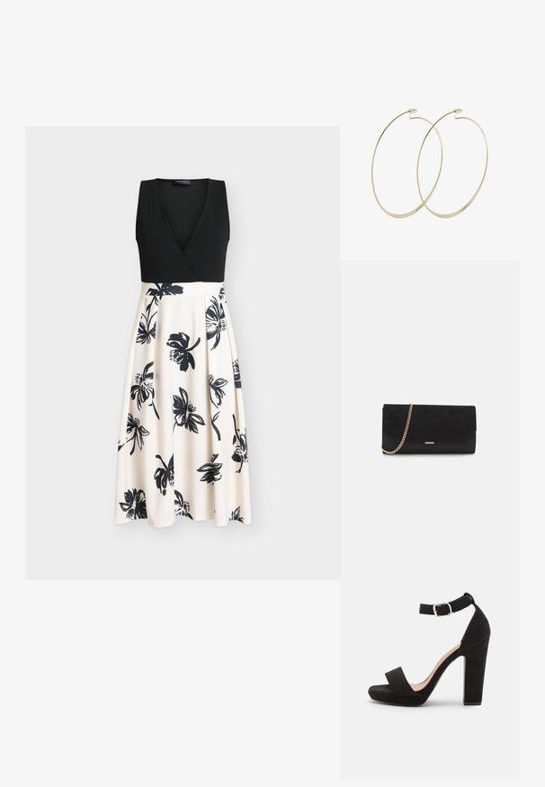 Sort ærmeløs kjole med en omslagsbluse og et flydende beige skørt med sorte blomsterprint. Glat stof med en tætsiddende overdel.; Anna Field by Zalando Sandaler - black; Sort clutch taske lavet af ruskind med en struktureret overflade, udstyret med en guld kædestrop og et elegant, kantet design.; Pilgrim Øreringe - gold-coloured