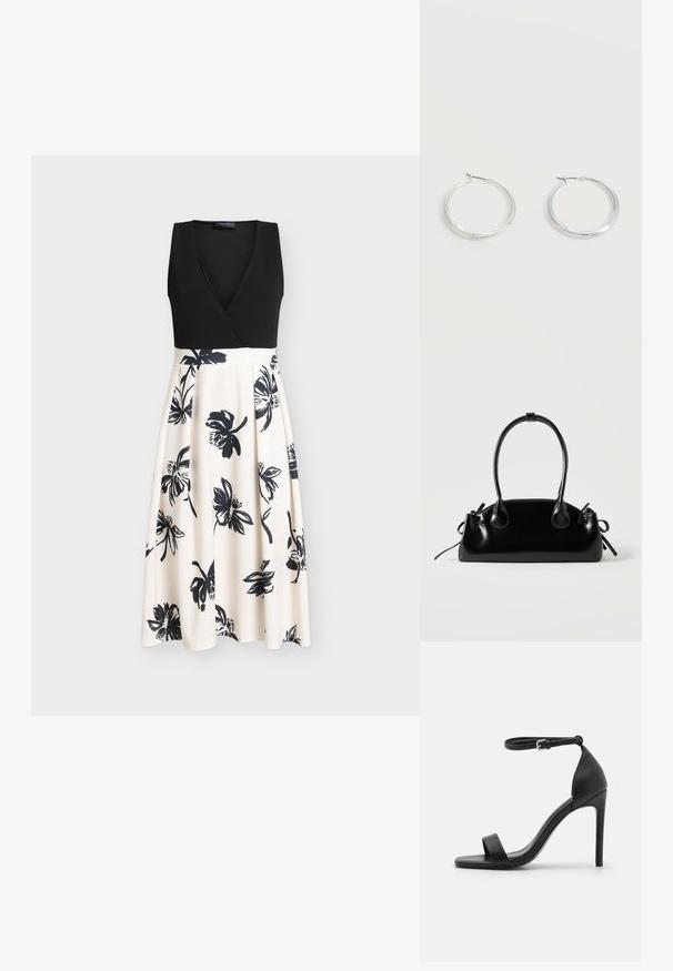 Schwarzes ärmelloses Kleid mit Wickeloberteil und einem fließenden beigen Rock mit schwarzen Blumenmustern. Glatter Stoff mit enganliegendem Oberteil.; Schwarze hochhackige Sandale mit elegantem Design, featuring einem Knöchelriemen, offener Zehenpartie und glattem Lederfinish.; Kleine schwarze glänzende Handtasche mit zwei langen Griffen und seitlichen Kordelzug-Details vor einfachem hellem Hintergrund.; Silberne Metallcreolen mit glatter, leicht gebogener Oberfläche und Klappverschluss vor schlicht weißem Hintergrund.