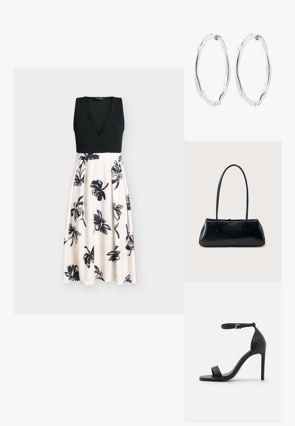 Vestido negro sin mangas con un top cruzado y una falda beige fluida con estampados florales negros. Tela suave con un corpiño ajustado.; Sandalia de tacón alto negra con un diseño elegante, que cuenta con una correa en el tobillo, punta abierta y una textura de cuero suave.; Bolso de hombro rectangular negro con correas largas y delgadas y una textura lisa y brillante sobre un fondo liso.; Par de pendientes de aro ovalados retorcidos de plata pulida con cierres de bisagra, mostrados sobre fondo blanco.