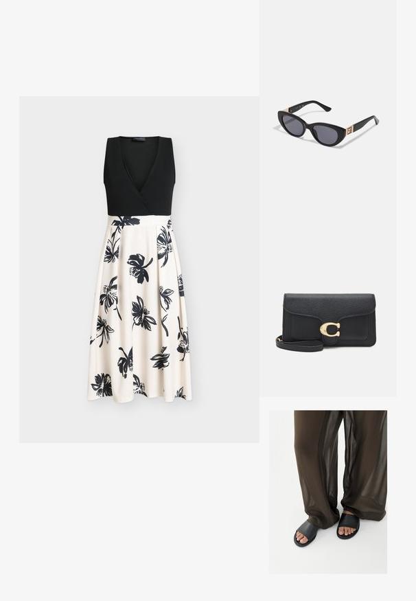 Vestido negro sin mangas con un top cruzado y una falda beige fluida con estampados florales negros. Tela suave con un corpiño ajustado.; Pies con sandalias negras tipo slide combinadas con pantalones marrones sueltos y transparentes sobre un fondo blanco liso.; Guess Gafas de sol - shiny black; Cartera de cuero negro con un acabado texturizado, que presenta un cierre en tono dorado y una correa desmontable. Forma compacta y rectangular con acentos de costura.