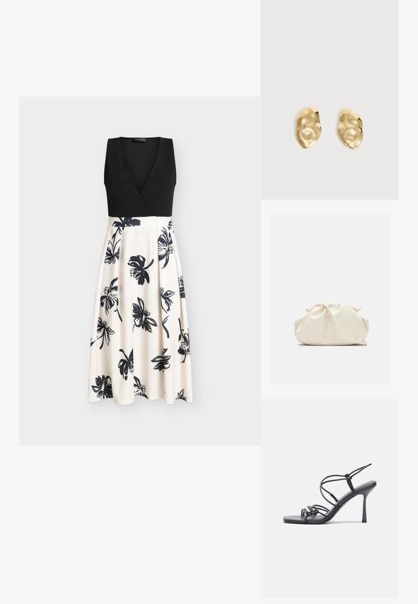 Schwarzes ärmelloses Kleid mit Wickeloberteil und einem fließenden beigen Rock mit schwarzen Blumenmustern. Glatter Stoff mit enganliegendem Oberteil.; Schwarze, hochhackige Sandalen mit dünnen Riemen und einem geknoteten Design, einer glatten, rechteckigen Zehenpartie und einem eleganten Stiletto-Absatz.; Weiche, cremefarbene Leder-Clutch mit gerafftem Design und einem dünnen Schulterriemen, der vorne auf einem schlichten Hintergrund liegt.; Paar glänzende, unregelmäßig geformte Ohrstecker aus Goldmetall mit zerknitterter, glatter Oberfläche auf schlichtem hellem Hintergrund.