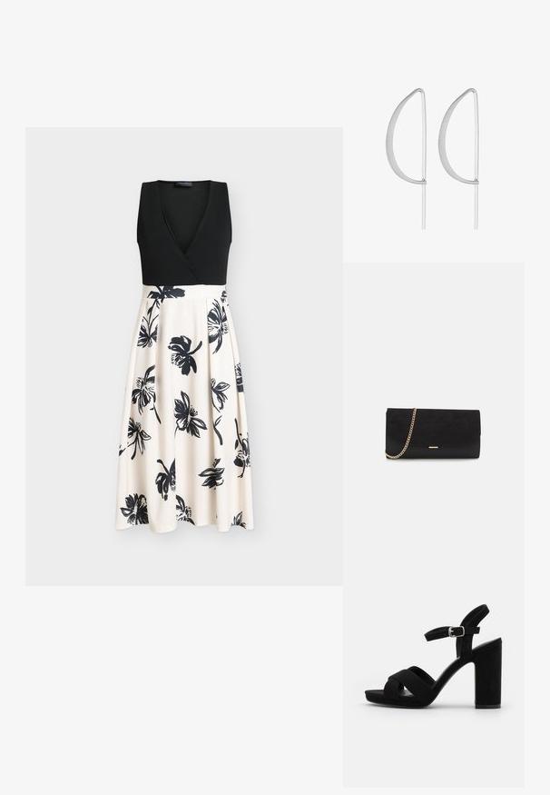 Schwarzes ärmelloses Kleid mit Wickeloberteil und einem fließenden beigen Rock mit schwarzen Blumenmustern. Glatter Stoff mit enganliegendem Oberteil.; Schwarze Wildleder-Absatzsandalen verfügen über eine offene Zehenpartie, Kreuzriemen und einen Knöchelriemen mit einer silbernen Schnalle. Der Blockabsatz sorgt für Stabilität.; Schwarze Clutch aus Wildleder mit strukturierter Oberfläche, ausgestattet mit einem goldenen Kettenriemen und einem eleganten, kantigen Design.; Silberne Ohrringe aus Metall mit einem minimalistischen geschwungenen Design, das verlängerte, offene Tropfenformen mit einer matten Oberfläche aufweist.