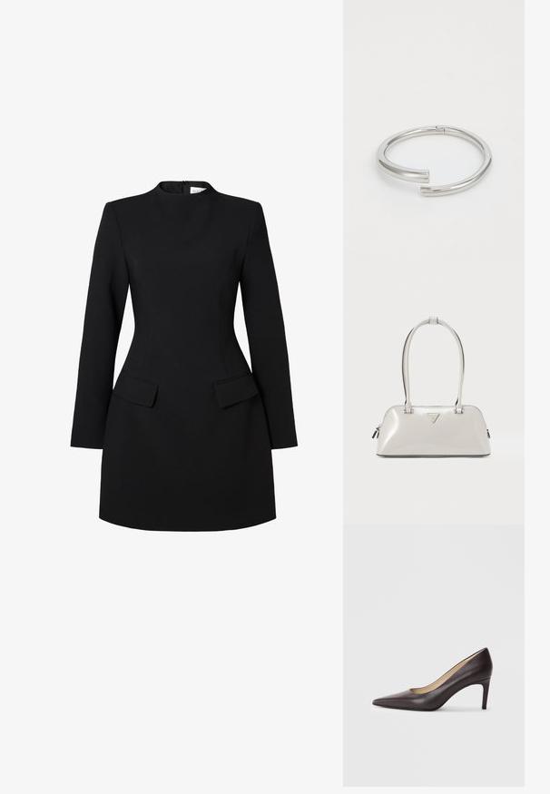 Vestido negro con un alto cuello, mangas largas y silueta ajustada. Cuenta con dos bolsillos frontales y detalles de costura para un aspecto estructurado.; Zapato de tacón alto de cuero marrón con punta puntiaguda, tacón delgado de 7 cm, textura suave y diseño minimalista. Sin adornos visibles.; Bolso brillante de color gris claro con forma redondeada, asas dobles y un logo triangular. Cuenta con cierre de cremallera y detalles metálicos.; Calvin Klein SPIRAL - Pulsera - silver-coloured