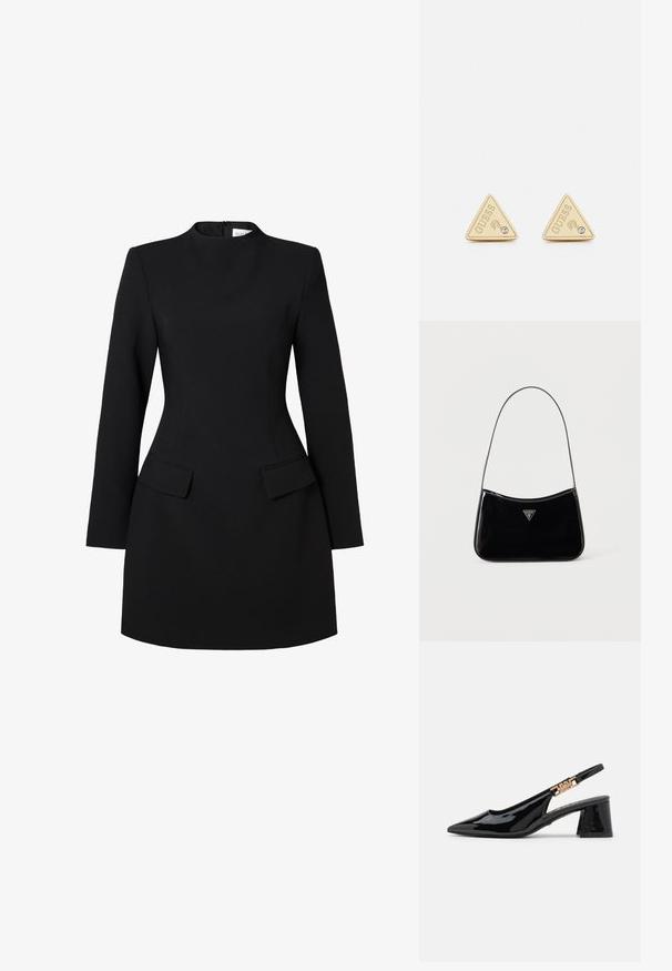 Sort kjole med høj krave, lange ærmer og tætsiddende silhouette. Har to frontlommer og syningsdetaljer for et struktureret look.; Sorte patentlæder slingback pumps med spidse tæer og guldfarvet hardware på remmen, med en blokhælhøjder. Glat tekstur.; Sort skuldertaske i laklæder med tynd rem, trekantet Guess-logo foran og lynlåslukning i toppen.; Guess PARTY - Øreringe - gold-coloured