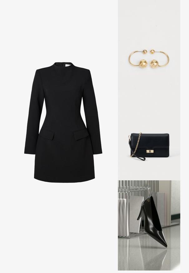 Schwarzes Kleid mit hohem Kragen, langen Ärmeln und figurbetonter Silhouette. Besitzt zwei vordere Taschen und Nahtdetails für einen strukturierten Look.; Schwarzer High-Heel-Schuh mit spitzer Zehe und goldem Logo, auf einer reflektierenden Oberfläche nahe einem verchromten Draht-Organizer mit Dokumenten positioniert.; Schwarze Leder-Clutch mit goldfarbenem Verschluss und Kettenriemen. Kompaktes Design mit glatter Oberfläche und minimaler Detailgestaltung.; Ohrringe aus vergoldetem Metall mit einem kreisförmigen Design, das zwei Sphären zeigt: eine größere, strukturierte Kugel und eine kleinere, polierte Kugel an der Spitze.