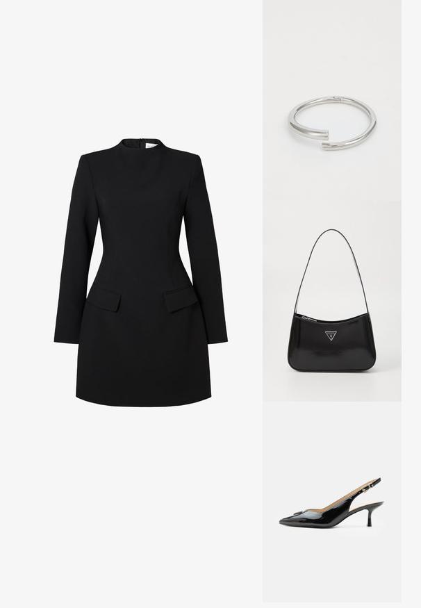 Vestido negro con un alto cuello, mangas largas y silueta ajustada. Cuenta con dos bolsillos frontales y detalles de costura para un aspecto estructurado.; Tacón slingback de charol negro con puntera puntiaguda, tacón pequeño tipo kitten y correa con hebilla plateada sobre un fondo blanco liso.; Bolso de hombro de charol negro con forma curva, que presenta un logotipo triangular plateado y un cierre de cremallera. Textura suave y correa delgada.; Calvin Klein SPIRAL - Pulsera - silver-coloured