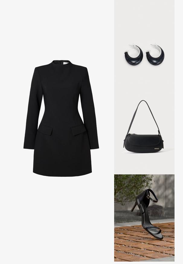 Vestido negro con un alto cuello, mangas largas y silueta ajustada. Cuenta con dos bolsillos frontales y detalles de costura para un aspecto estructurado.; Sandalia negra de tacón alto con correa en el tobillo, parece suspendida sobre un suelo de baldosas de madera al aire libre, con un fondo difuminado de vegetación y piedra.; Bolso de hombro de cuero negro con solapa curva, logo dorado "HUGO" en el frente y una correa ajustable.; Pendientes de aro de resina negra con acabado brillante y acentos de hardware en tono plateado. Forma circular con un corte y cierre a presión.