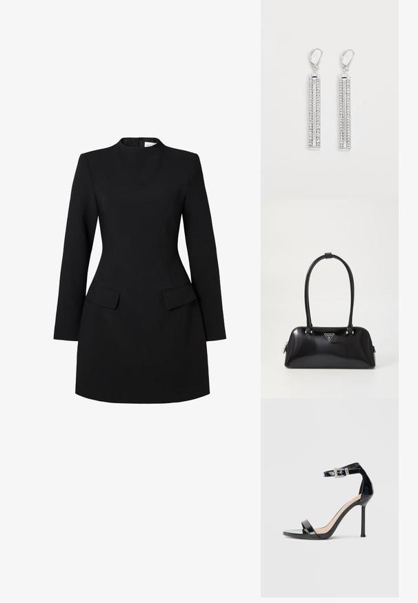 Sort kjole med høj krave, lange ærmer og tætsiddende silhouette. Har to frontlommer og syningsdetaljer for et struktureret look.; Sort højhælet sandal i laklæder med ankelrem. Har minimalistisk design, åben tå og spænde med rhinsten-detaljer.; Sort glanshandtaske med en buet silhuet, to håndtag og en frontlogo-plakette. Lynlås lukning og skinnende hardware-detaljer.; Sølv øreringe med to forlængede stænger, hver sat med små, klare rhinsten i et lineært mønster. Lever-back lukning.