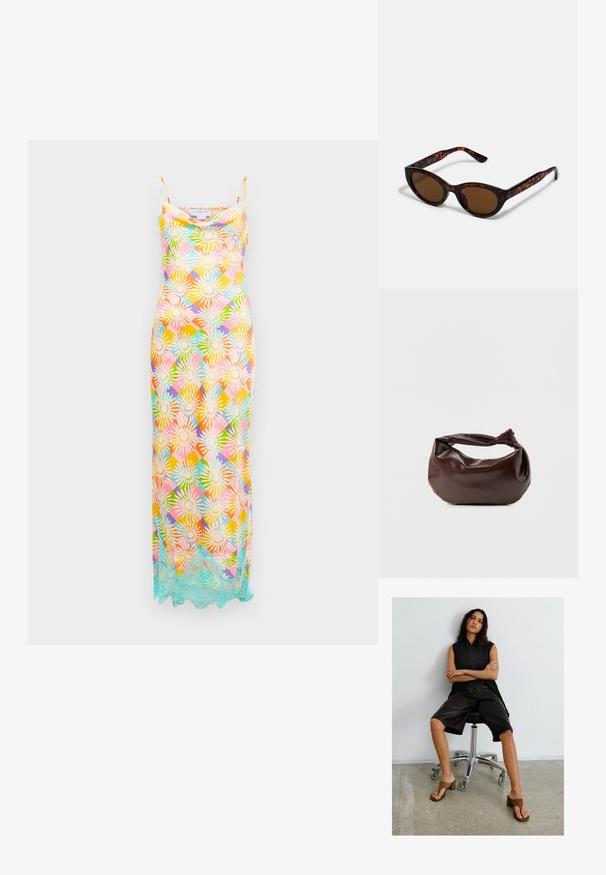 Vestido largo sin mangas con un patrón geométrico floral multicolor y un borde de encaje azul claro a lo largo del dobladillo sobre un fondo blanco.; Mujer con cabello largo y oscuro sentada en una silla de oficina negra, vestida con una blusa sin mangas negra, pantalones cortos negros hasta la rodilla y sandalias marrones con tacón.; Gafas de sol de carey marrón con una forma vintage de ojo de gato y lentes marrones. Presentan brazos curvados con acentos rojos.; Bolso de hombro de cuero marrón oscuro con una forma suave y caída, y un asa con nudo torcido sobre un fondo blanco liso.