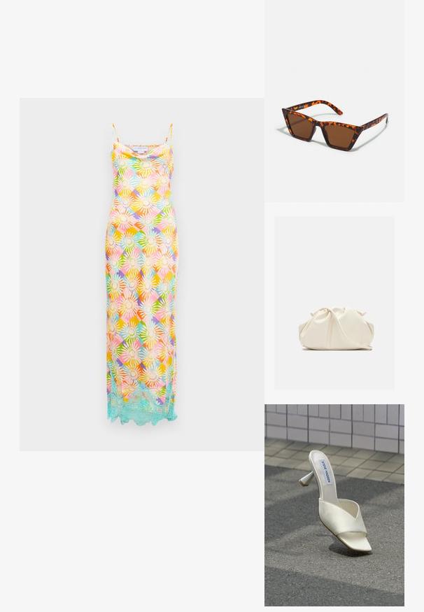 Vestido largo sin mangas con un patrón geométrico floral multicolor y un borde de encaje azul claro a lo largo del dobladillo sobre un fondo blanco.; Mule blanco de Steve Madden con puntera abierta y tacón de bloque descansando sobre asfalto gris cerca de una pared con azulejos.; Gafas de sol con tonalidades marrones y un patrón de carey, de montura angular y brazos delgados. Material plástico ligero.; Bolso de mano de cuero suave de color crema con diseño fruncido y plisado y una delgada correa para el hombro que descansa delante sobre un fondo liso.
