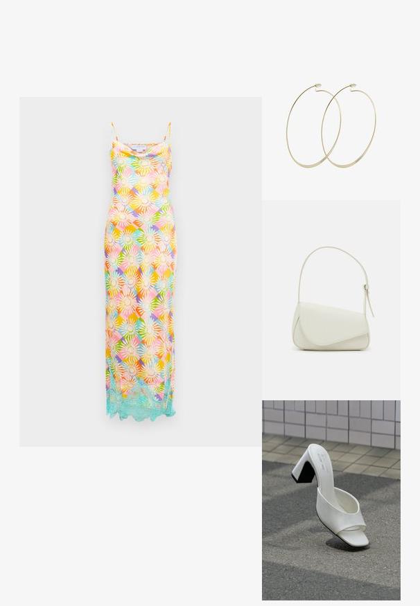 Vestido largo sin mangas con un patrón geométrico floral multicolor y un borde de encaje azul claro a lo largo del dobladillo sobre un fondo blanco.; Un mule blanco de punta abierta con tacón cuadrado, sobre asfalto gris frente a una pared con azulejos.; Bolso de mano de imitación cuero blanco con una forma triangular estructurada, correa ajustable única y cierre con solapa acentuada en curva.; Pilgrim Pendientes - gold-coloured