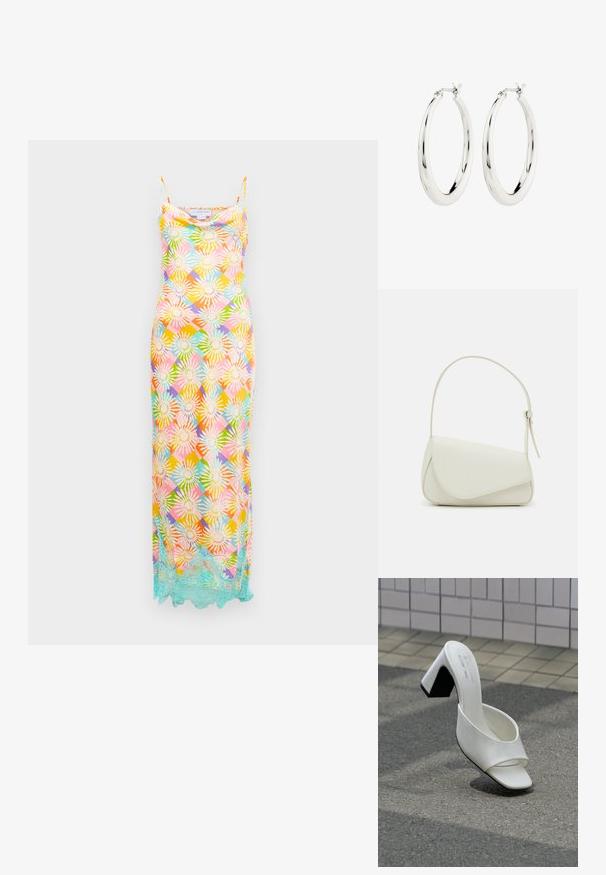 Vestido largo sin mangas con un patrón geométrico floral multicolor y un borde de encaje azul claro a lo largo del dobladillo sobre un fondo blanco.; Un mule blanco de punta abierta con tacón cuadrado, sobre asfalto gris frente a una pared con azulejos.; Bolso de mano de imitación cuero blanco con una forma triangular estructurada, correa ajustable única y cierre con solapa acentuada en curva.; Pendientes de aro de plata con un acabado suave y brillante. Forma circular, con un cierre seguro. Diseño sencillo y elegante.
