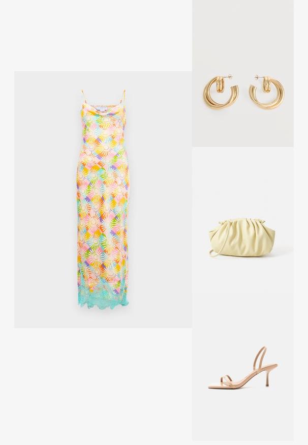 Robe longue sans manches avec un motif floral géométrique multicolore et une bordure en dentelle bleu clair le long de l'ourlet sur fond blanc.; Sandale beige à talon haut avec fines lanières sur les orteils et autour du talon, avec un bout carré et un talon aiguille fin, sur fond blanc.; Sac à main plissé jaune en simili cuir lisse, arborant une forme douce avec une bandoulière unique et un design froncé sur le dessus.; Paire de boucles d'oreilles créoles doubles en or brillant avec attaches à tige sur fond blanc.
