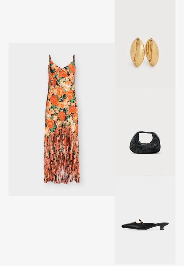 Robe sans manches à col en V avec motif floral orange et crème, feuilles vertes et détail de longue frange orange à l'ourlet.; Mule noire à bout pointu avec petit talon kitten et fine bride sur le cou-de-pied ornée d’un petit bouton doré.; Sac hobo tissé noir avec une structure souple et une poignée intégrée, présenté sur un fond clair uni.; Paire de boucles d'oreilles épaisses en forme de créoles, effet or poli, avec un design légèrement ovale et massif, dotées de fermoirs à charnière sur fond blanc.
