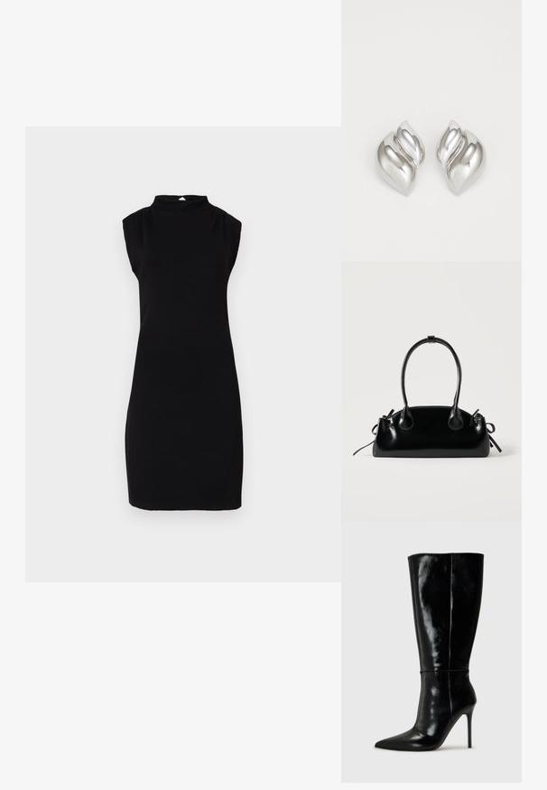 Ärmelloses schwarzes knielanges Kleid mit hohem Halsausschnitt und einem kleinen Knopfverschluss hinten auf einem schlichten weißen Hintergrund.; Schwarze Leder-Knielange Stiefel mit spitzem Schuh und hohem Stiletto-Absatz. Glatte Textur und elegantes Design, das sich durch minimale Details auszeichnet.; Kleine schwarze glänzende Handtasche mit zwei langen Griffen und seitlichen Kordelzug-Details vor einfachem hellem Hintergrund.; Silberne Ohrringe mit einer organischen, abstrakten Form. Glatte, glänzende Oberfläche mit einem konischen Design. Mit dezenten Kurven und einem zentralen Linienelement.