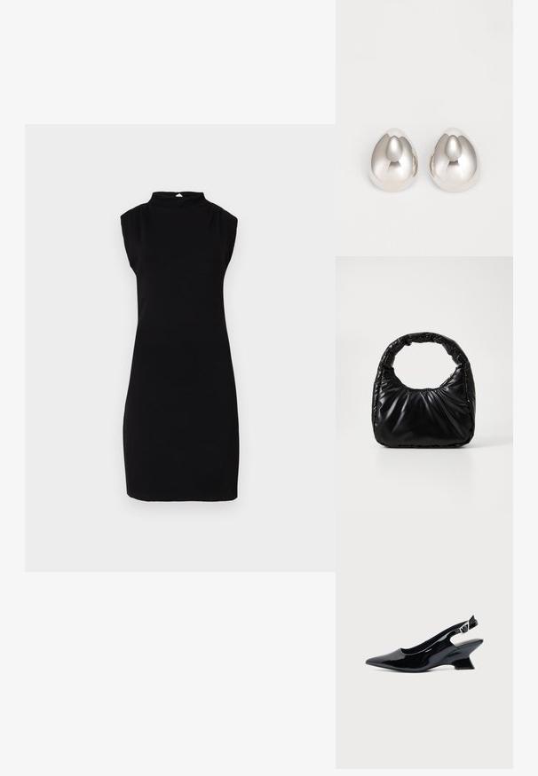 Ärmelloses schwarzes knielanges Kleid mit hohem Halsausschnitt und einem kleinen Knopfverschluss hinten auf einem schlichten weißen Hintergrund.; Schwarzer Slingback-Schuh aus Lackleder mit spitzer Spitze und niedrigem, schrägem Blockabsatz auf einfachem hellem Hintergrund.; Schwarze gepolsterte Handtasche mit einem runden Griff, die eine glatte, glänzende Oberfläche und eine weiche, gestepfte Textur aufweist. Keine sichtbare Hardware oder Akzente.; Silberne metalliche Ohrcuffs mit einem glatten, abgerundeten Design, das einer Träne ähnelt, mit einer reflektierenden Oberfläche und nahtlosem Finish.
