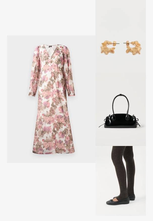 Lang blomsterkjole med pink, lilla og beige blomster, lange pufærmer, V-halsudskæring og knaplukning foran.; Ben iført mørke ribbede leggings kombineret med sorte balletsko med små sløjfedetaljer på hvid baggrund.; Lille sort blank håndtaske med to lange håndtag og snøre-detaljer i siden på en ensfarvet lys baggrund.; Øreringe i guldfarve med en abstrakt, organisk form, der har en tekstureret overflade og lukkemekanisme med stik.