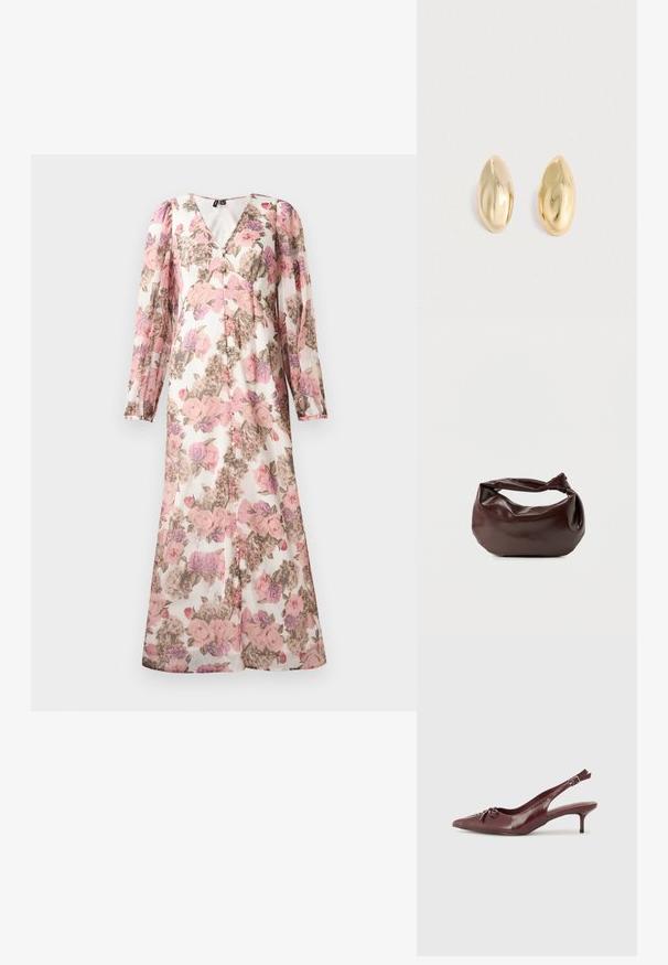 Lang blomsterkjole med pink, lilla og beige blomster, lange pufærmer, V-halsudskæring og knaplukning foran.; Bordeaux læder slingback hæl med spidse tå, justerbar rem og dekorativ sløjfedetalje foran. 7,5 cm hælhøjde.; Mørkebrun læder skuldertaske med en blød, afslappet form og et snoet knudehåndtag på en ensartet hvid baggrund.; Et par skinnende, glatte, uregelmæssige ovalformede guldstudsøreringe placeret på en ensfarvet lys overflade.