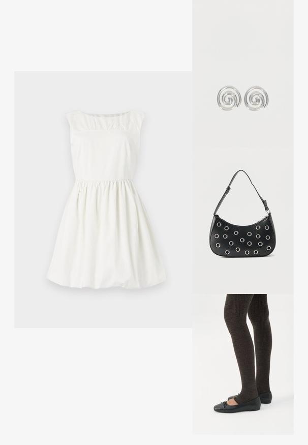 Robe en coton blanc avec un col rond, des manches courtes et des détails froncés au niveau du buste. Jupe évasée avec une taille élastique.; Jambes portant des leggings côtelés foncés associés à des ballerines noires avec de petits détails en nœud sur fond blanc.; Sac d'épaule en cuir noir avec bandoulière réglable, orné d'œillets en métal argenté et fermeture éclair supérieure.; Paire de boucles d'oreilles en forme d'anneau spirale en argent avec un design lisse et arrondi sur fond blanc uni.