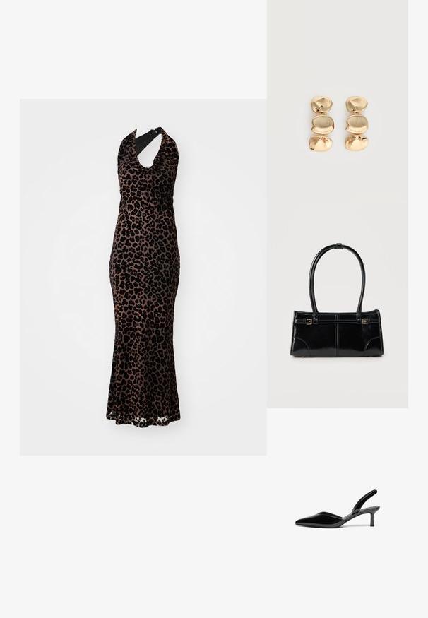 Vestido halter con estampado de leopardo, material de terciopelo, largo, silueta ajustada, escote redondeado, combinación de colores negro y marrón claro, textura sutil.; Tacones slingback de charol negro con punta afilada, tacón de aguja bajo y un diseño elegante y simple sin adornos.; Bolso rectangular negro brillante con dos finas correas para el hombro y pequeños detalles de hebilla dorada en la parte frontal.; Pendientes colgantes en tono dorado con tres segmentos irregulares, lisos y redondeados apilados verticalmente sobre un fondo claro y liso.