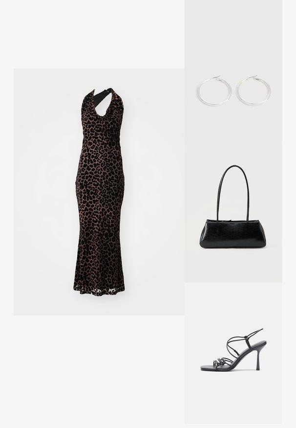 Vestido halter con estampado de leopardo, material de terciopelo, largo, silueta ajustada, escote redondeado, combinación de colores negro y marrón claro, textura sutil.; Las sandalias negras de tacón alto presentan finas correas con un diseño anudado, una punta cuadrada suave y un elegante tacón de aguja.; Bolso de hombro rectangular negro con correas largas y delgadas y una textura lisa y brillante sobre un fondo liso.; Pareja de pendientes de aro plateados brillantes con cierres de alambre delgado, mostrados sobre un fondo gris claro.