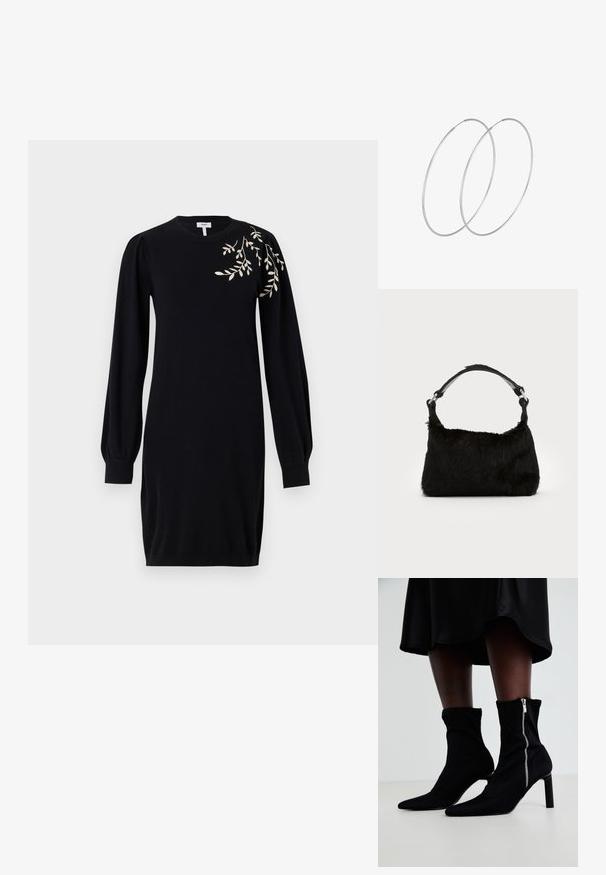 Object Knitted OBJTHESS - Strikkjoler - black; Sorte ankelstøvler med en strækbart stofoverdel, spids tå og en sidelukning med lynlås, sat på en slank, høj hæl.; Sort faux fur håndtaske med en blød tekstur, rund form og en robust skulderrem i sort læder. Synlige sølvhardware-detaljer.; Sølvøreringe med et minimalistisk design. Cirkulær form, glat tekstur og tynd profil. Letvægtige med en poleret overflade.
