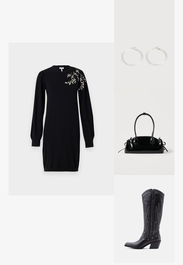 Object Knitted OBJTHESS - Kampsunkleit - black; Mustad nahast kauboisaapad terava ninaga, nähtavate õmblustega, hõbedaste naelakujuliste aksessuaaridega ja siseküljel lukuga.; Väike must läikiv käekott kahe pika sangaga ja külgedel paelakinnitustega, ühel lihtsal helel taustal.; Paari läikiva hõbedase rõngaskujulise kõrvarõngastega, millel on õhukesed traatlukkud, kuvatud heleda halli taustal.