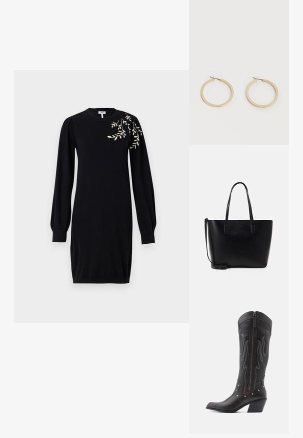 Object Knitted OBJTHESS - Kampsunkleit - black; Pruunid nahast kootsasaapad leegitikkimisega, küljes lukk, hõbedased naelad, terav nina ja paks konts.; Mustast nahast kott kahe pika käepideme ja struktureeritud kujuga, sile tekstuur ja eemaldatav õlarihm. Diskreetne brändingu detail.; Paari keskmise suurusega siledad kuldsed kõrvarõngad hingedega kinnitusdetailiga, taustaks lihtne hele pind.