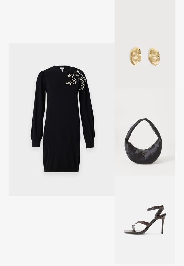 Object Knitted OBJTHESS - Neulemekko - black; Tumma ruskea korkokenkä, jossa on ohuet remmit, nilkkahihna ja teksturoitu käärmeen nahkakuosi valkoisella taustalla.; Musta satiinilaukku, jossa on kaareva muoto, varustettuna vetoketjulla ja etuosassa metallinen kolmiomainen logo. Sujuva pinta ja tyylikäs muotoilu.; Pari kiiltäviä, epäsäännöllisen muotoisia kultaisia metallikorvakoruja, joissa on ryppyinen, sileä pinta yksinkertaisella vaalealla taustalla.
